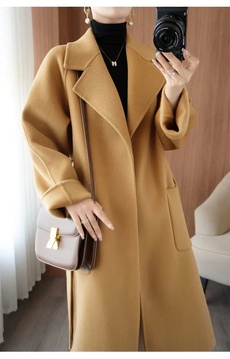 100% Cashmere-Wool Blend Belted Long Overcoat