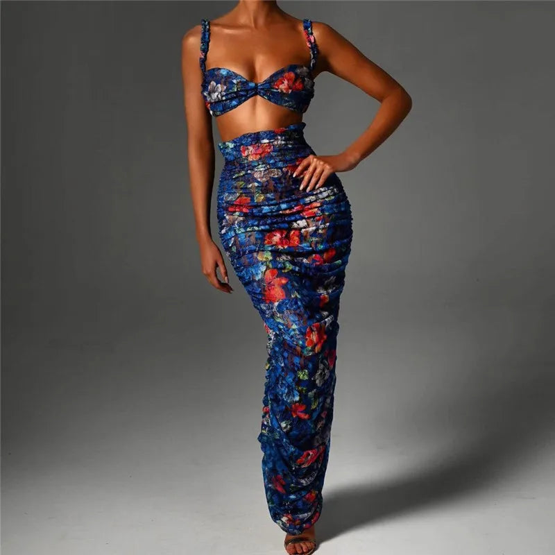 Floral Spaghetti Straps Bra Top and Skirt Set