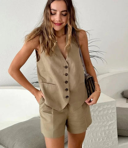 Khaki Vest and Shorts Linen Suit