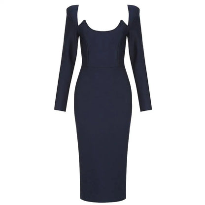 Long Sleeves U Neckline Bandage Navy Dress