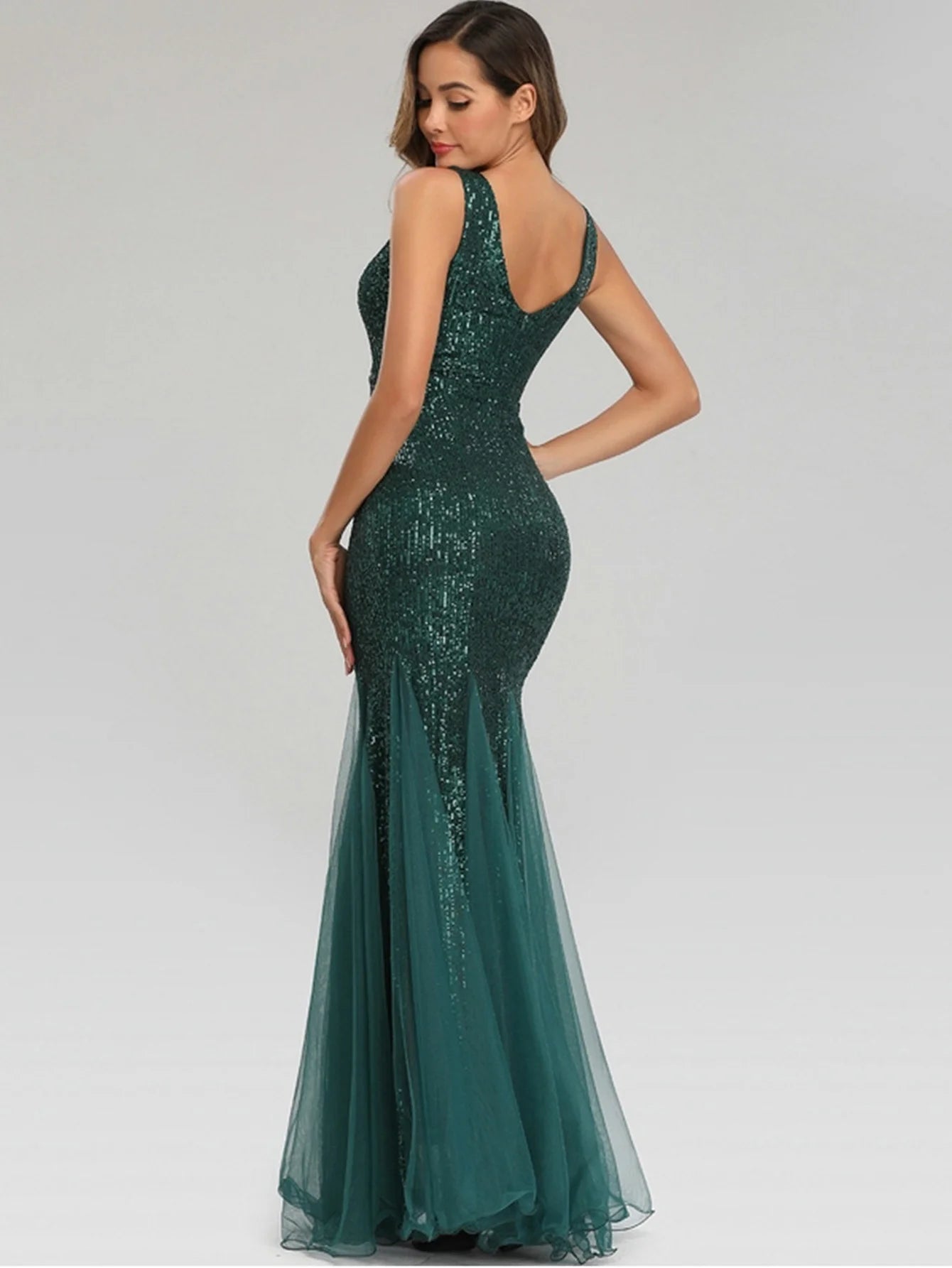 Sleeveless V Neckline Sequin Evening Dress