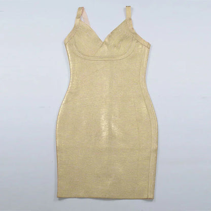 Spaghetti Straps V Neck Gold Metallic Dress