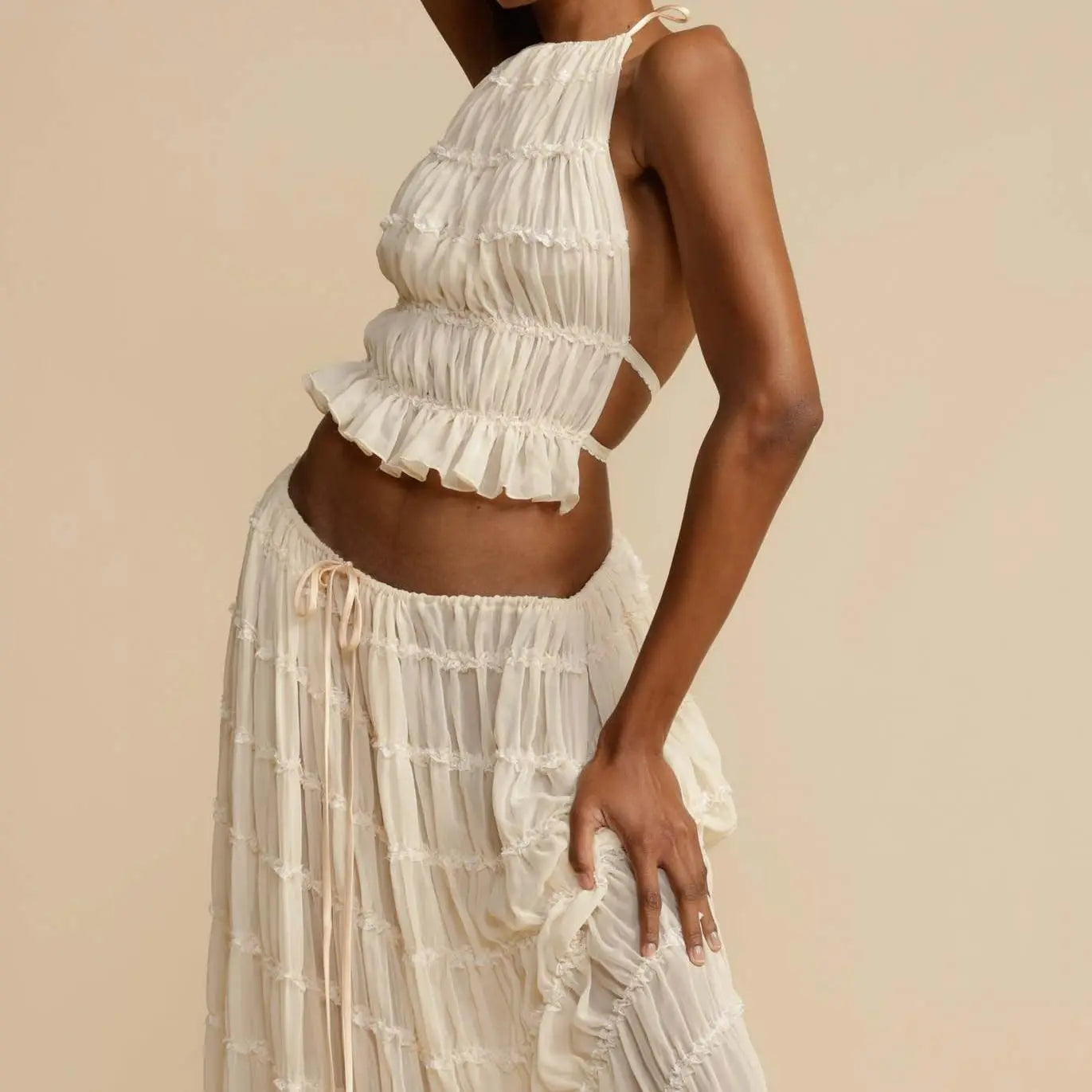 Boho Backless Halter Neckline Tops and Long Skirt Set