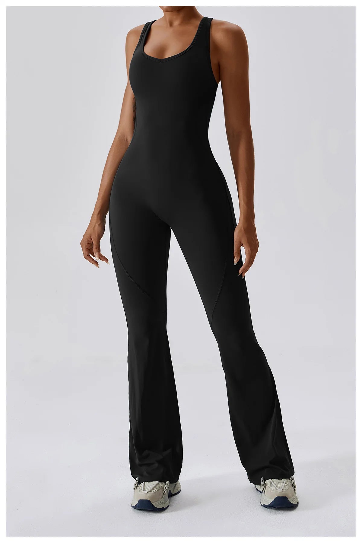 V Neckline Back Cut Out Flare Workout Jumpsuit