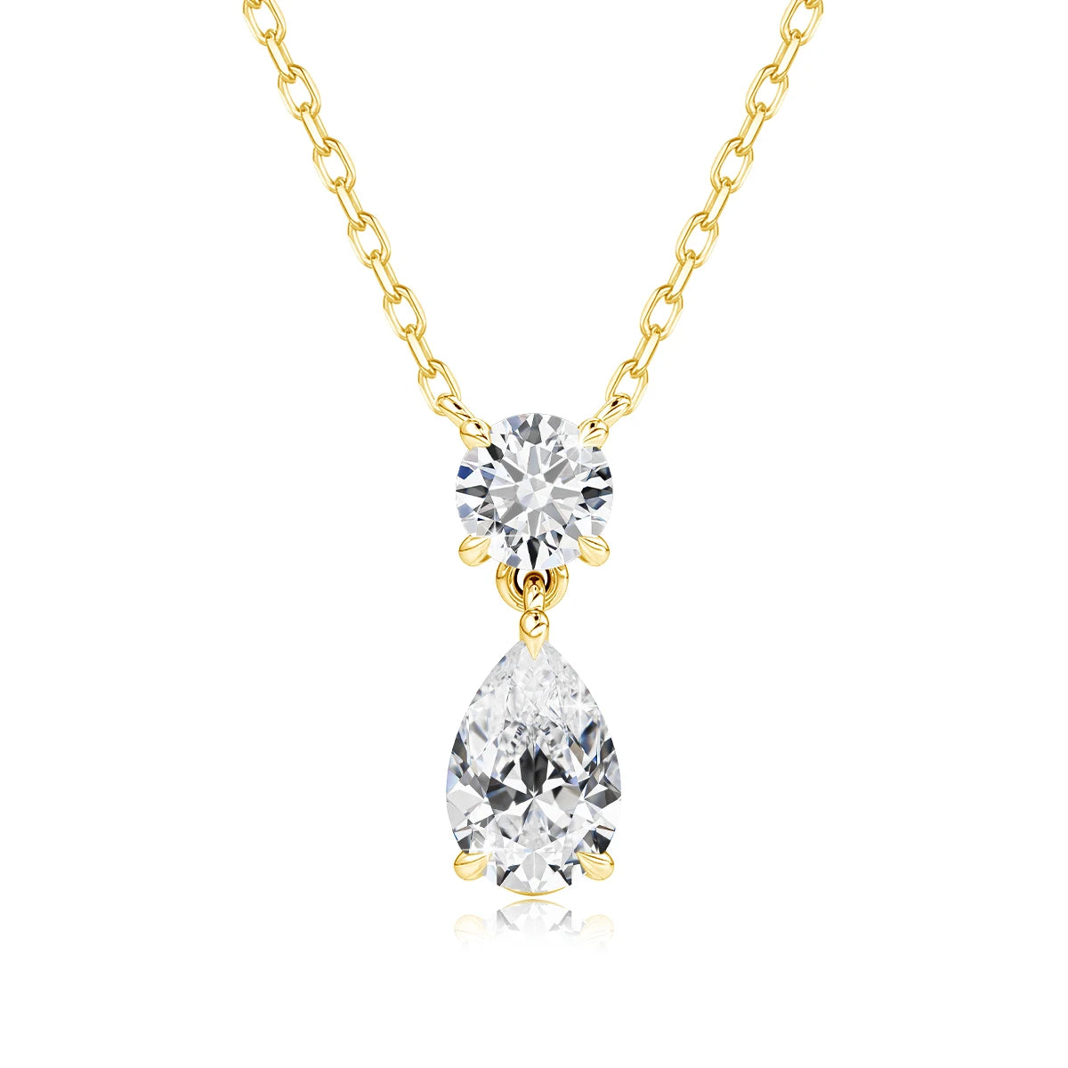 18K Gold Plated Two-Stone Moissanite Necklace – Round & Pear Cut D Color VVS1
