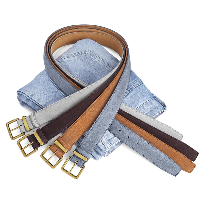 100% Suede Leather Belt for Women & Men with Gold Buckle