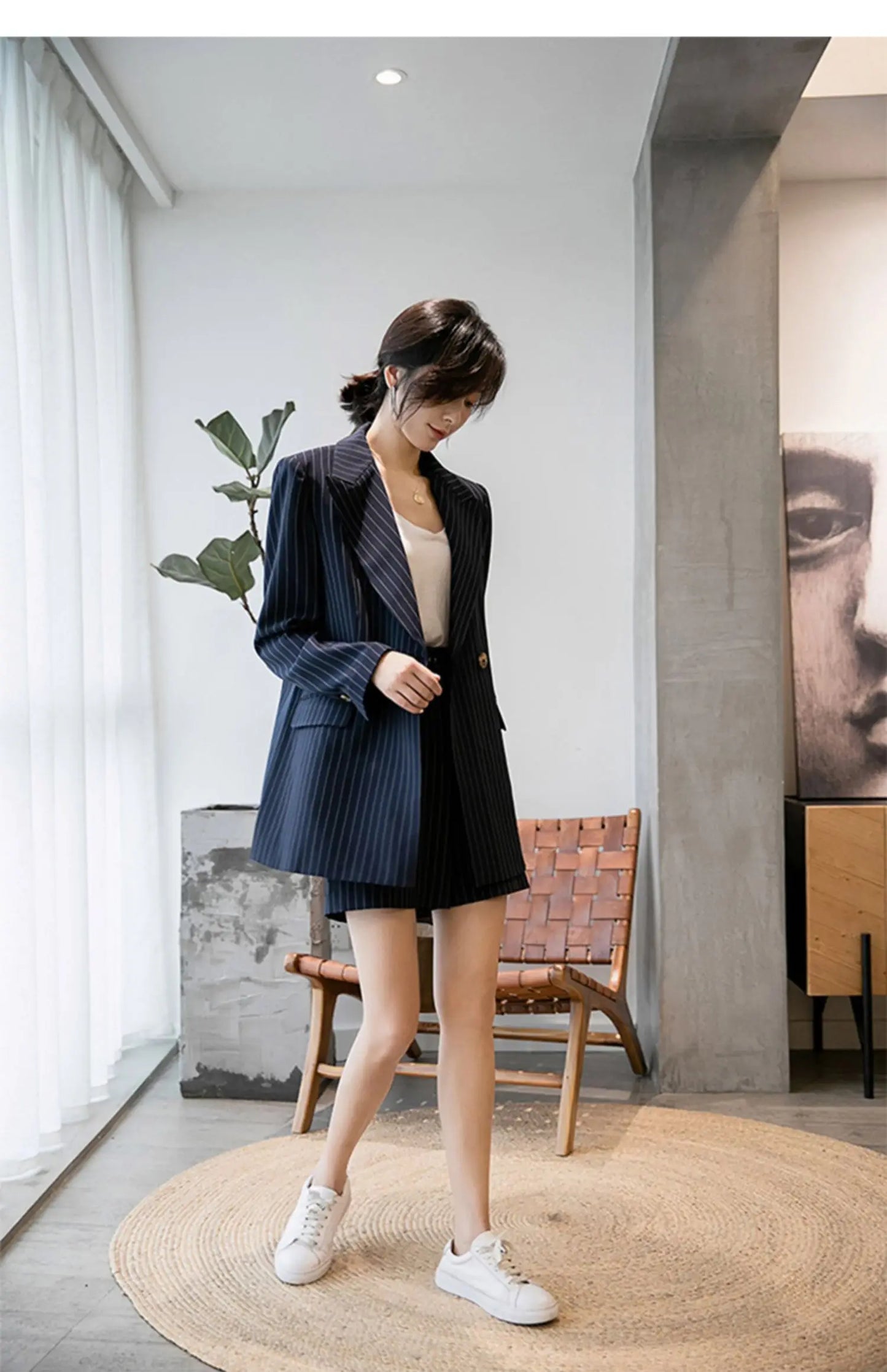 Navy Blue Striped Loose Cut Blazer and Shorts Suit