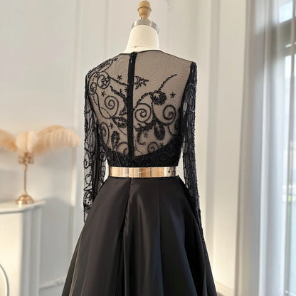 Black Tie Satin Long Sleeves Lace Details Black Evening Dress