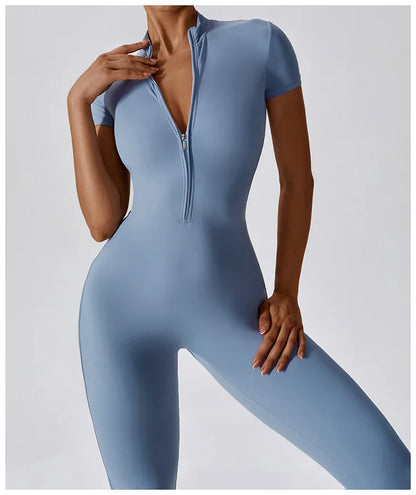 Seamless Short-Sleeve Front Zipper Yoga Jumpsuit