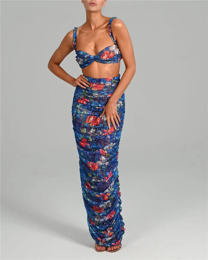 Floral Spaghetti Straps Bra Top and Skirt Set