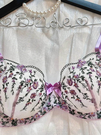 Lace Flowers Embroidery Lingerie Set - Lace Bra & Brief Underwear Set