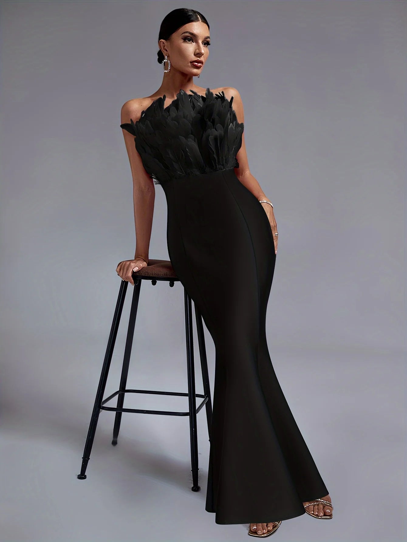 Strapless Feather Chest Mermaid Long Bandage Black Dress