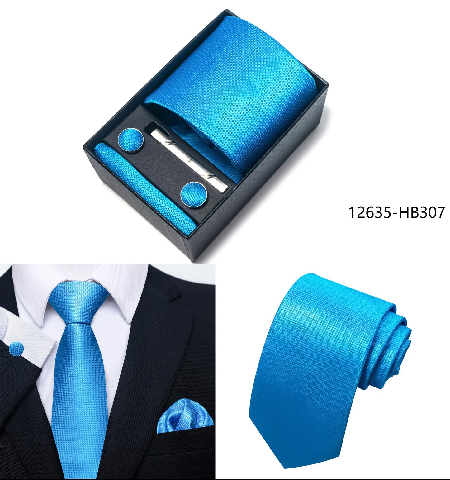 Solid Color 5 Pcs Tie Set Handkerchief, Cufflinks, Tie and Clip