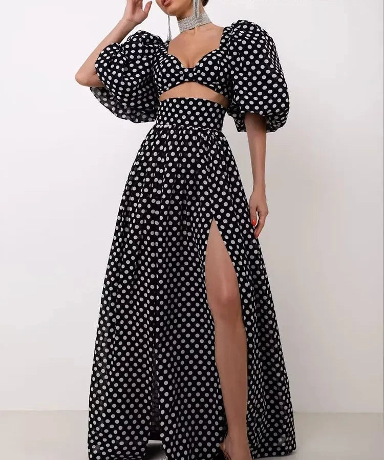 Polka Dots Cropped Top and Side Slits High Waist Skirt Set