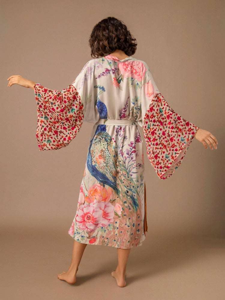 Beach Kimono Peacock Printed Swimsuit Cover Up