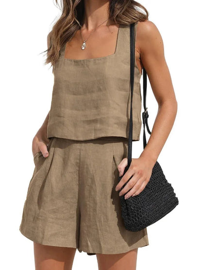 Linen Square Neckline Sleeveless Top and Shorts Set