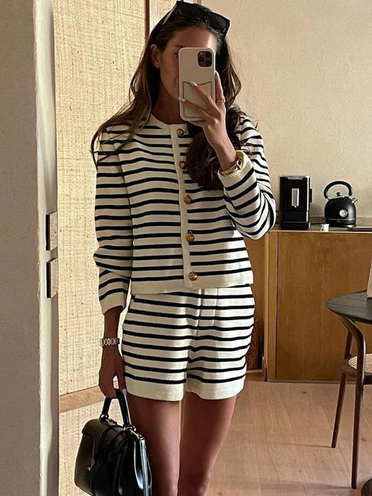 Striped 2 Piece Knit Shorts and Cardigan Set