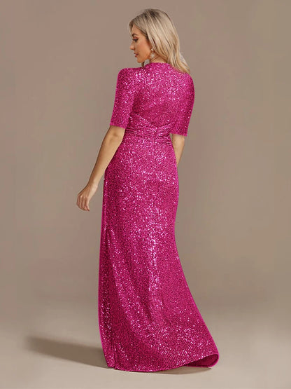 Short Sleeve V-Neckline Floor Length Evening Dress - Sequin Mother of the Bride Dress