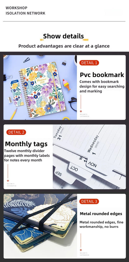 Flowers Design 2026 Weekly / Monthly Planner - A5 Agenda with Matching Bookmark