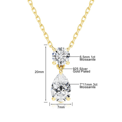 18K Gold Plated Two-Stone Moissanite Necklace – Round & Pear Cut D Color VVS1
