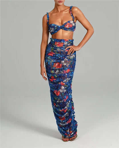 Floral Spaghetti Straps Bra Top and Skirt Set