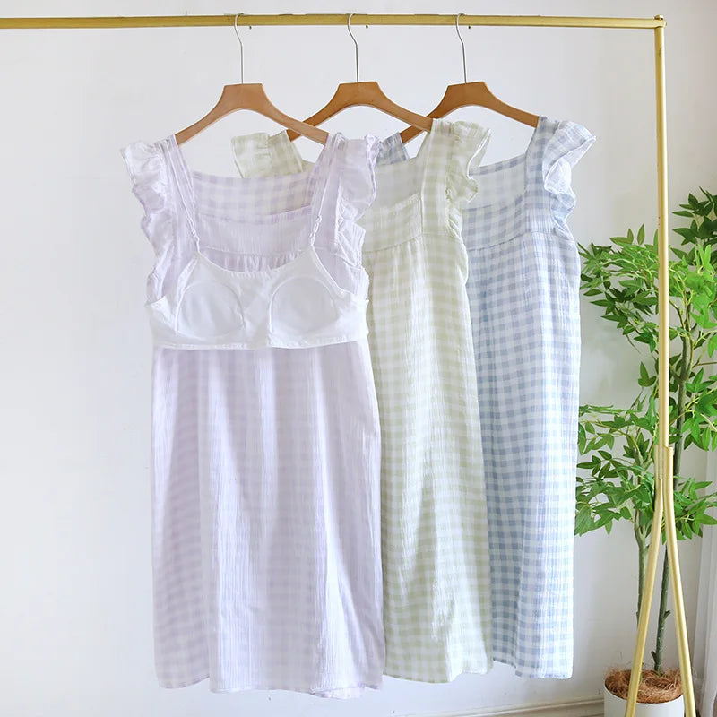 100% Pure Cotton Home Dress Plaid Nightgown with Built-in Bra