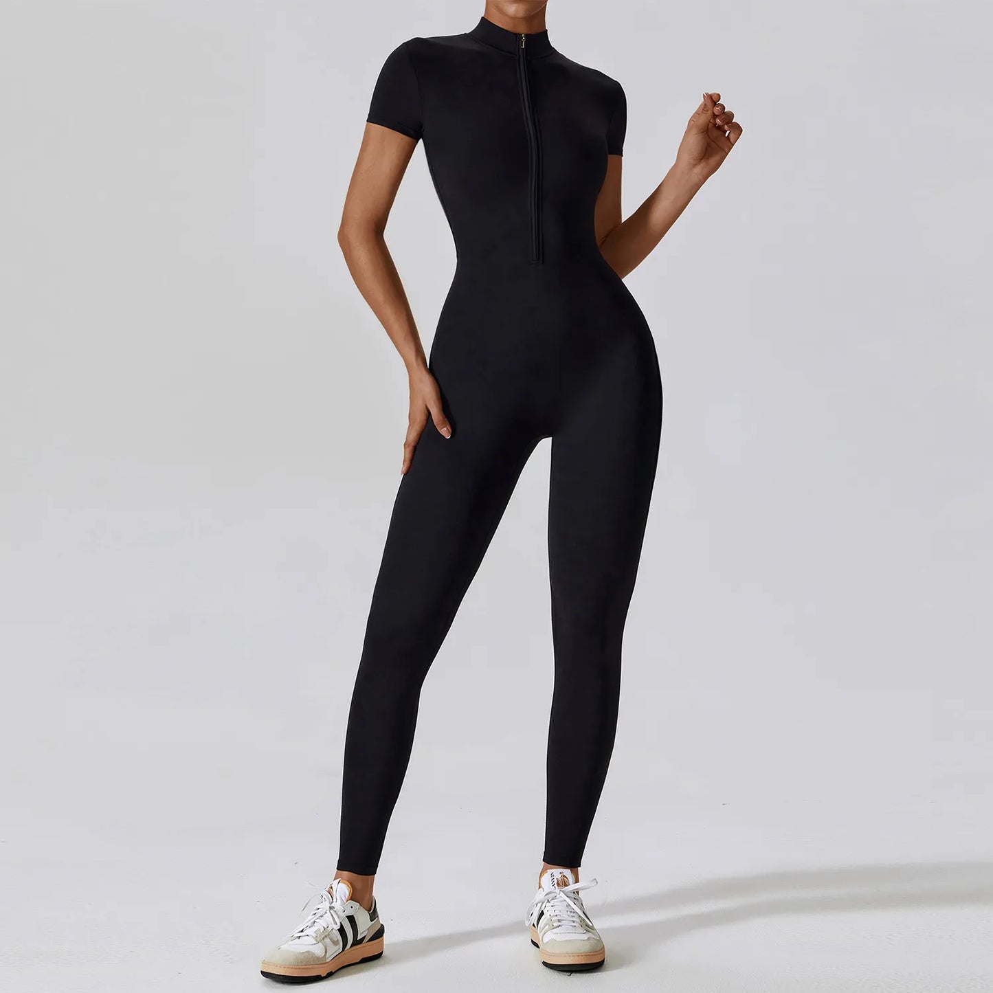 Seamless Short-Sleeve Front Zipper Yoga Jumpsuit