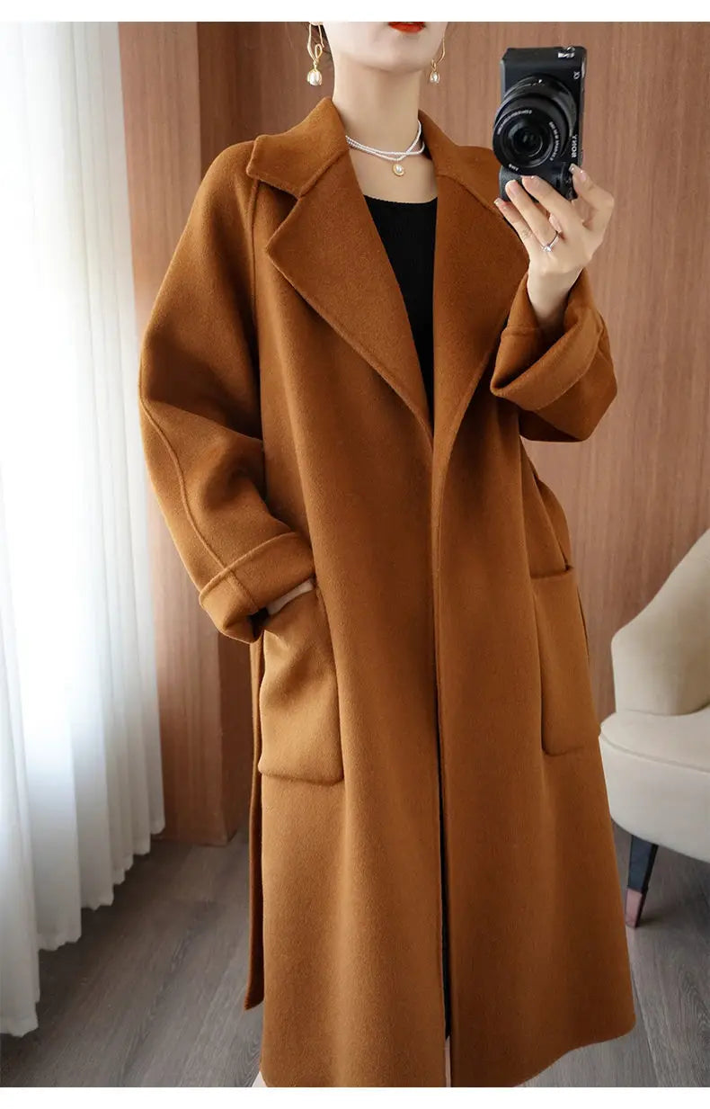100% Cashmere-Wool Blend Belted Long Overcoat