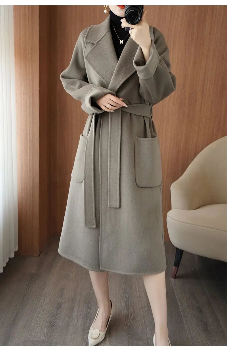 100% Cashmere-Wool Blend Belted Long Overcoat