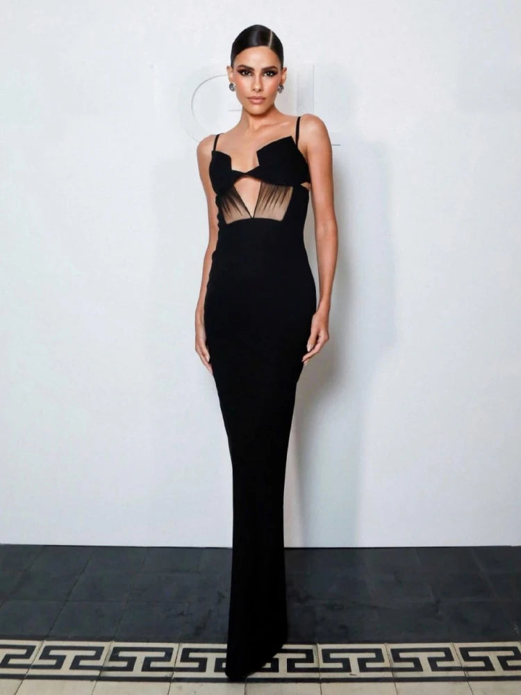 Spaghetti Strap Mesh Details Cut-Out Black Dress
