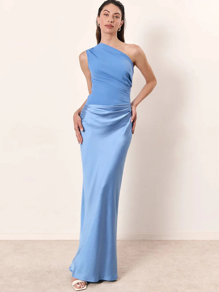 One Shoulder Patchwork Satin Floor Length Dress