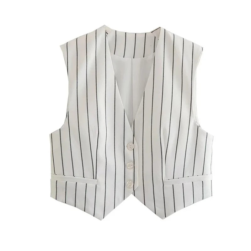 Women's 3 Pcs Striped Suit Blazers, Vest, and Wide Leg Trousers Suit