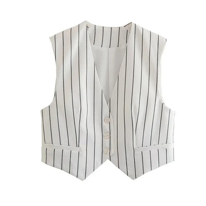 Women's 3 Pcs Striped Suit Blazers, Vest, and Wide Leg Trousers Suit