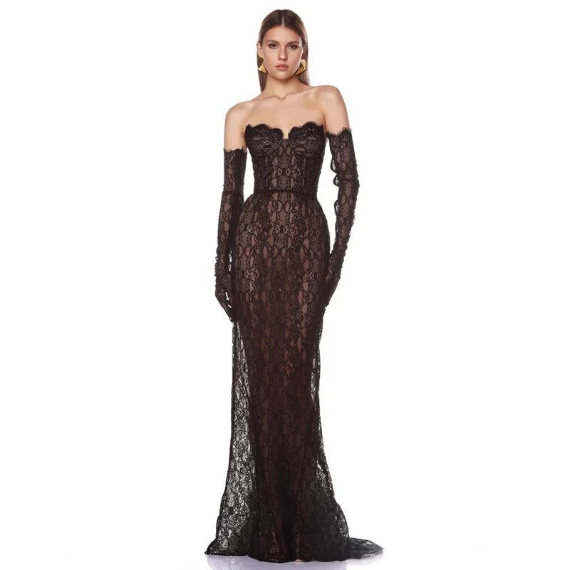 Strapless Lace Black Tie Gown Dress with Matching Lace Gloves