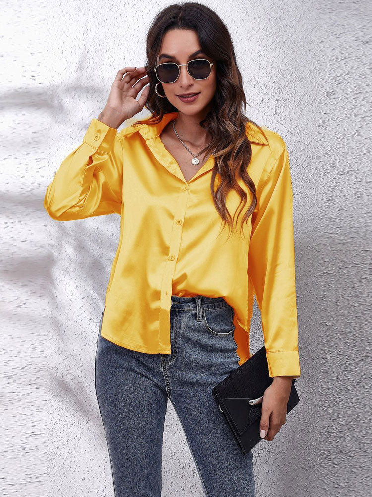 Loose Fit Satin Long Sleeve Button Up Blouse Shirt