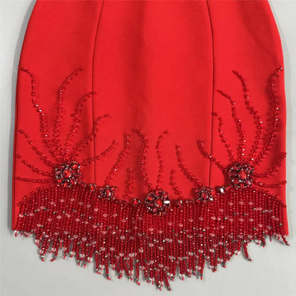 Beaded Tassel Square-Neck Mini Bandage Dress