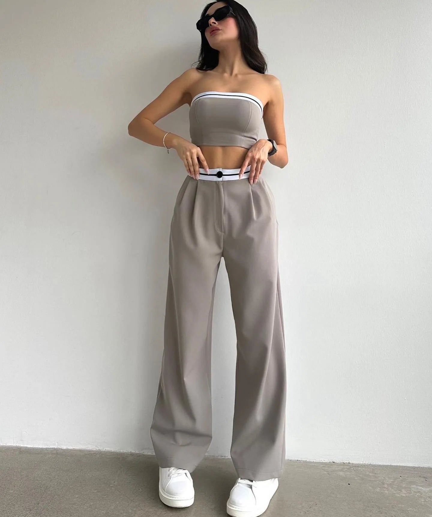 Sleeveless Crop Top and High Waist Wide Leg Trousers Casual Set