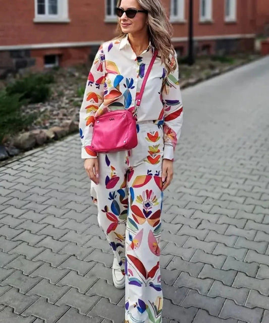 Casual Long Sleeve Shirt and High Waist Wide Leg Trousers Set