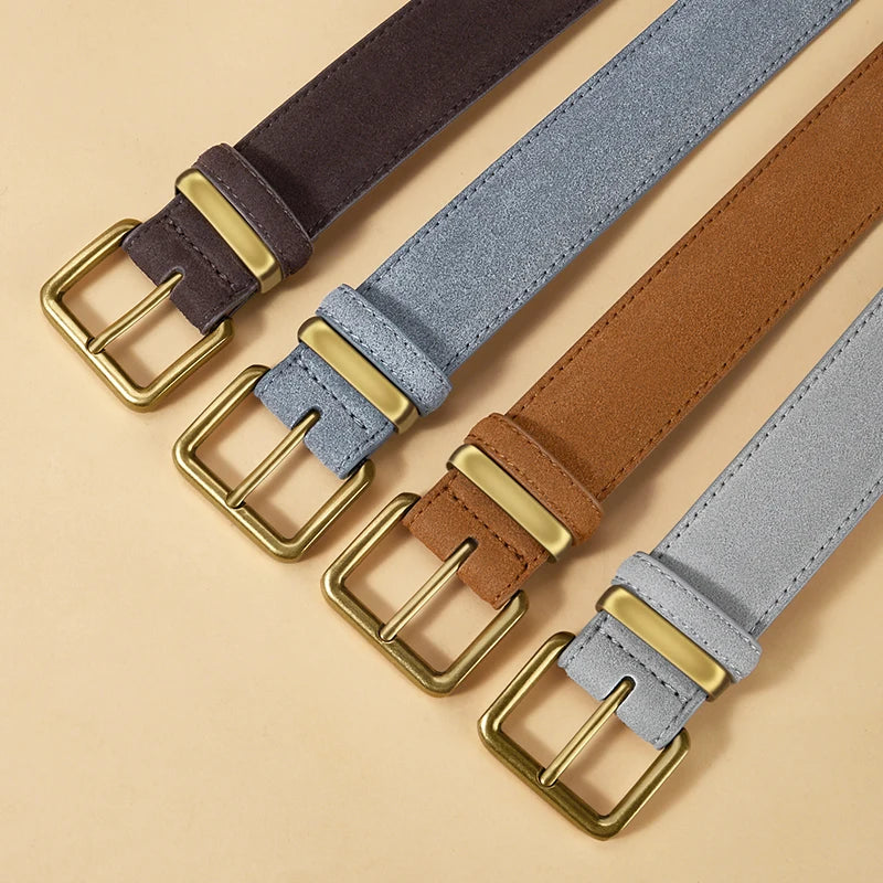 100% Suede Leather Belt for Women & Men with Gold Buckle