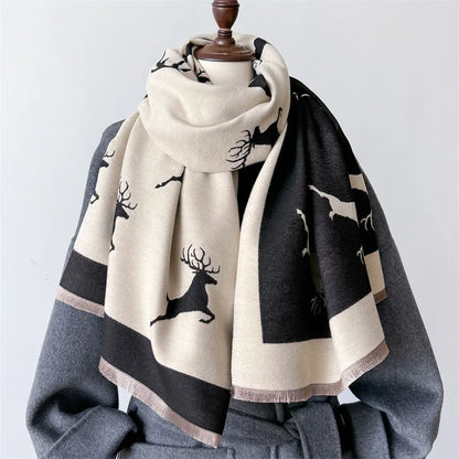 Luxury Cashmere Scarf - Deers Print Double-Sided Pashmina