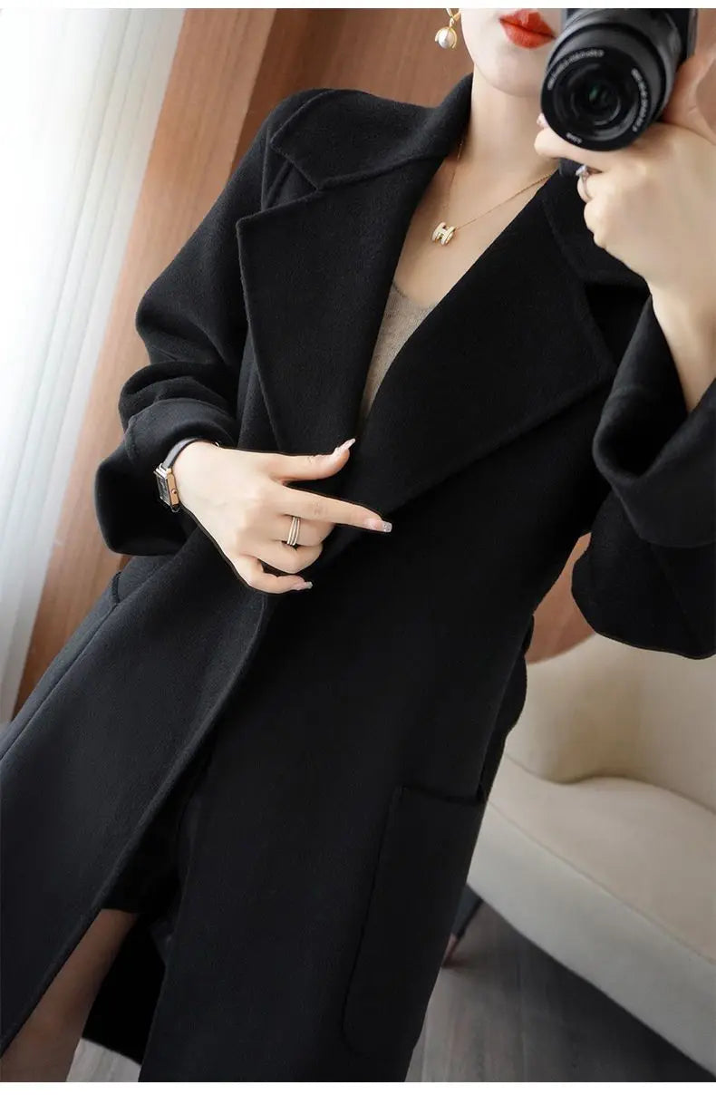 100% Cashmere-Wool Blend Belted Long Overcoat