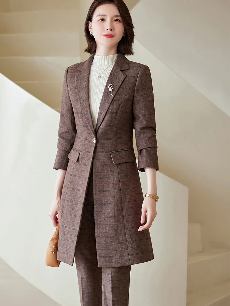 Plaid Long Blazer and Trousers Women's Formal Suit