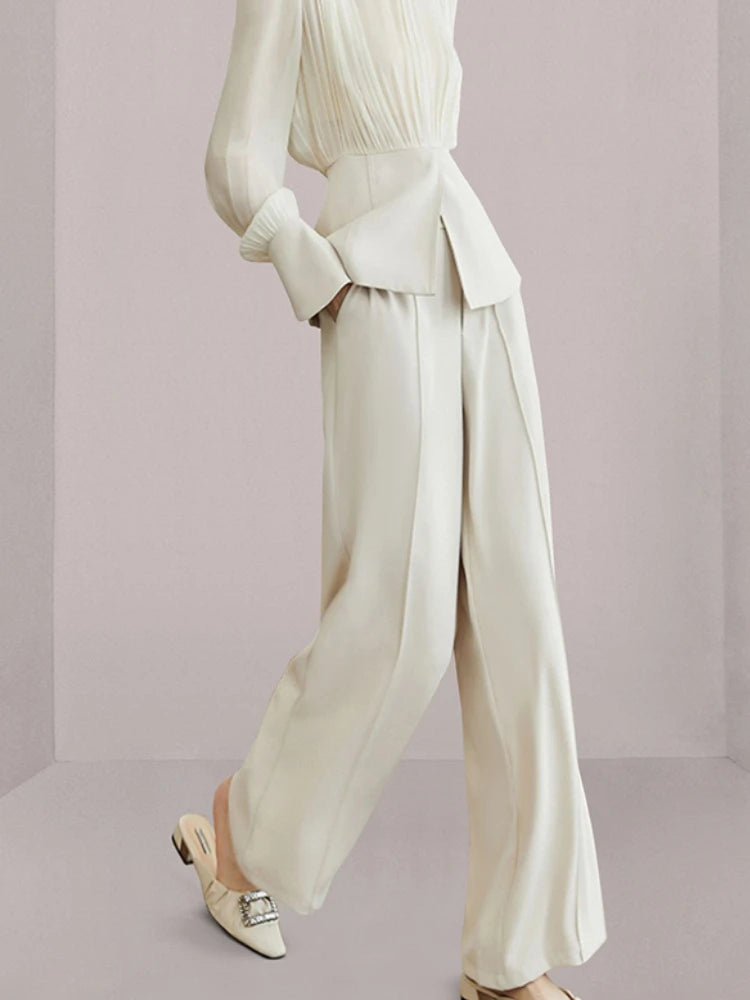 Long Sleeve Top with Wide Leg Trousers Semi-Formal Ivory Suit