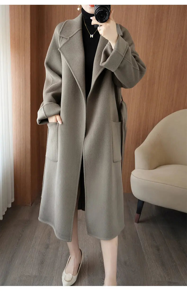 100% Cashmere-Wool Blend Belted Long Overcoat