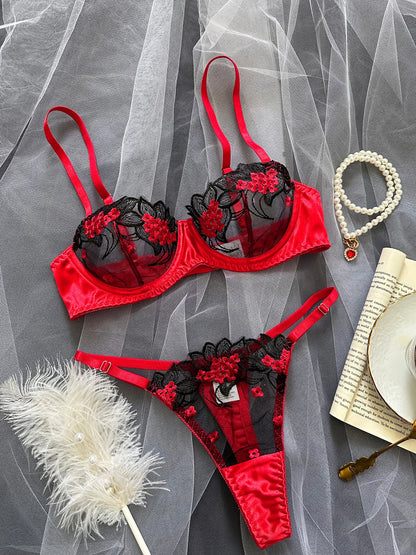 Floral Embroidery Lace Red and Black Bra and Brief Set - Lace Lingerie Sets