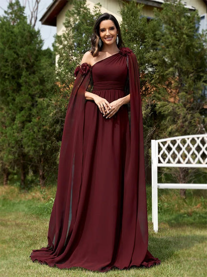 One Shoulder Very Long Sleeve Chiffon Evening Dress – Plus Size Dress with Flower Details