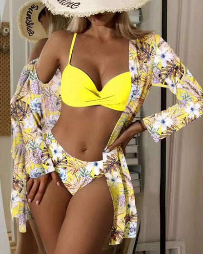 Floral 3 Pieces Low Waist Bikini Set with a Matching Cover-up Kimono