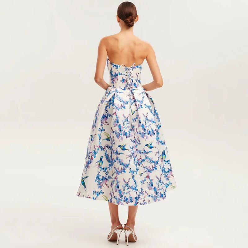 Strapless Floral Print A-Line Dress