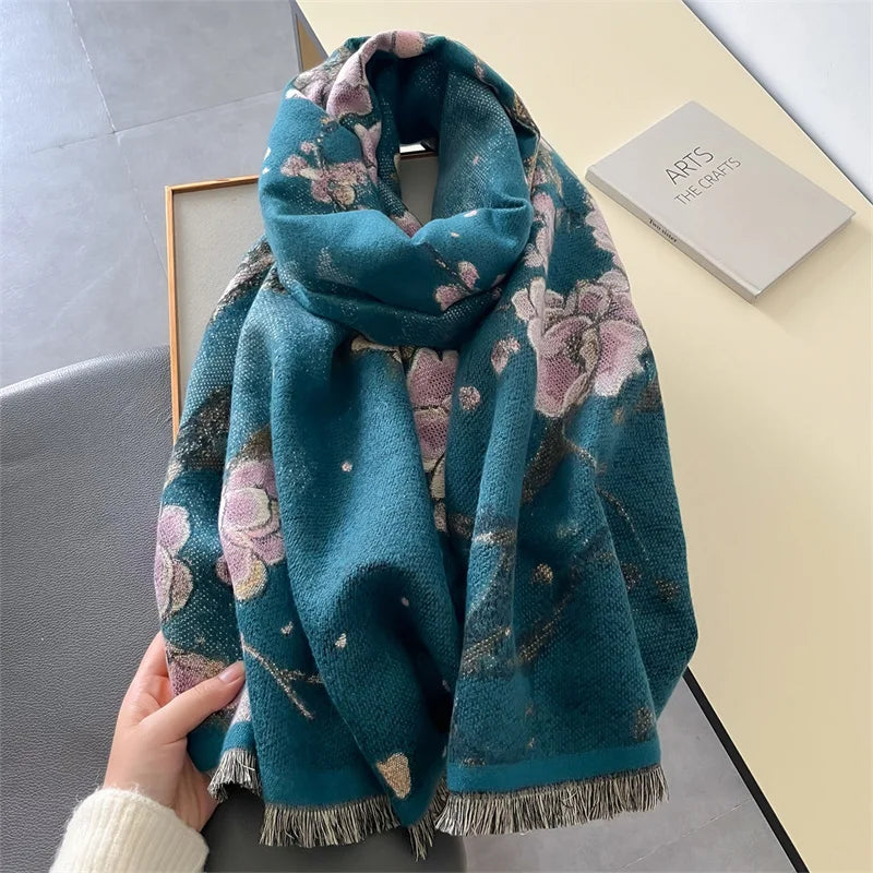 Luxury Floral Cashmere Double-Sided Pashmina Scarf