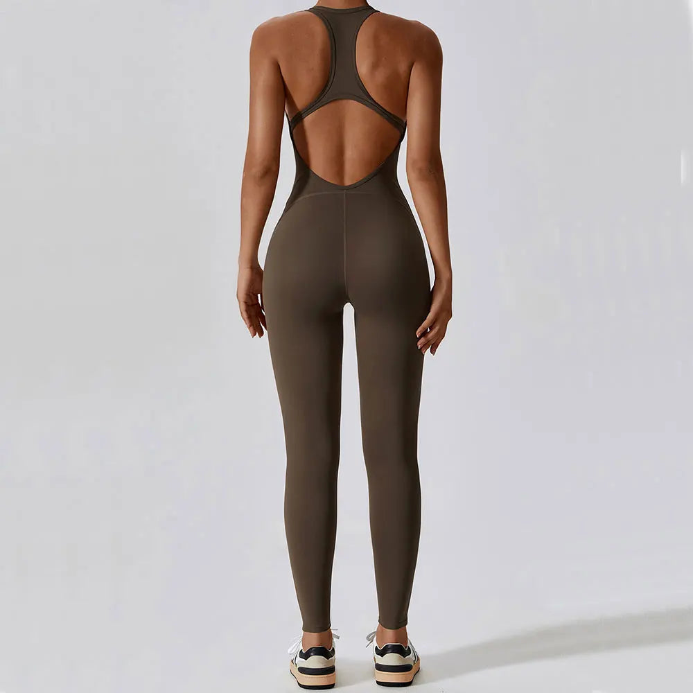 U Neckline Sleeveless Back Cut Out Skinny Workout Jumpsuit